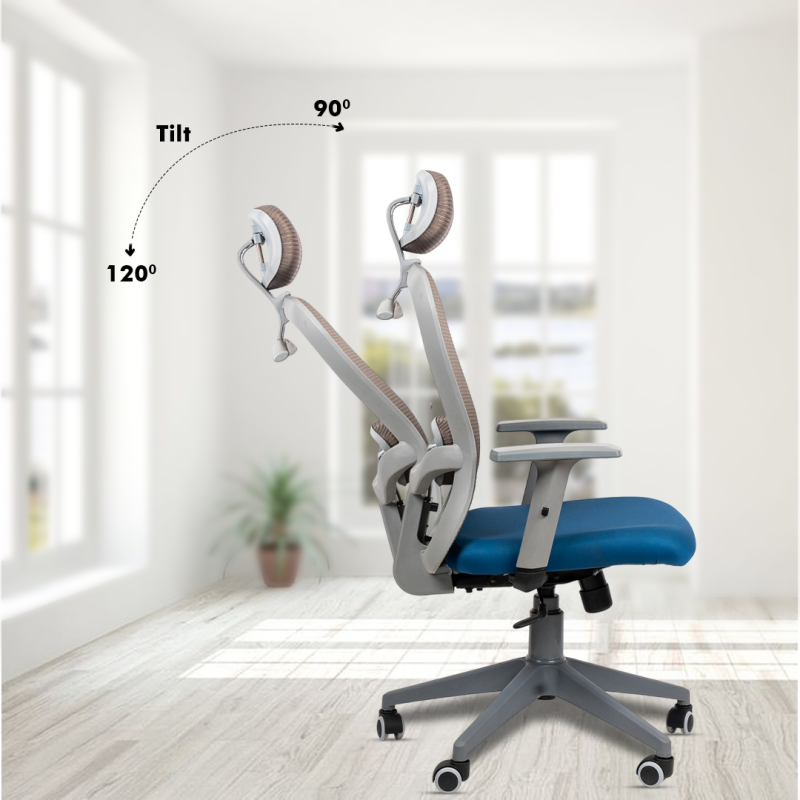 Dale Grey High Back Ergonomic Chair with Adjustable Neck & Arm Rest, Synchro Tilting Mechanism, Hydraulic Height Adjustment & Heavy Duty Wheels, Blue Seat - Image 4