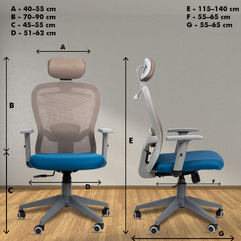 Dale Grey High Back Ergonomic Chair with Adjustable Neck & Arm Rest, Synchro Tilting Mechanism, Hydraulic Height Adjustment & Heavy Duty Wheels, Blue Seat - Image 5