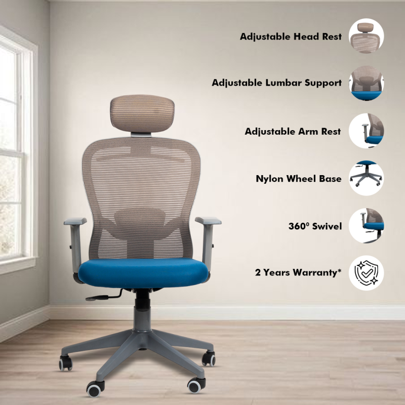 Dale Grey High Back Ergonomic Chair with Adjustable Neck & Arm Rest, Synchro Tilting Mechanism, Hydraulic Height Adjustment & Heavy Duty Wheels, Blue Seat - Image 2