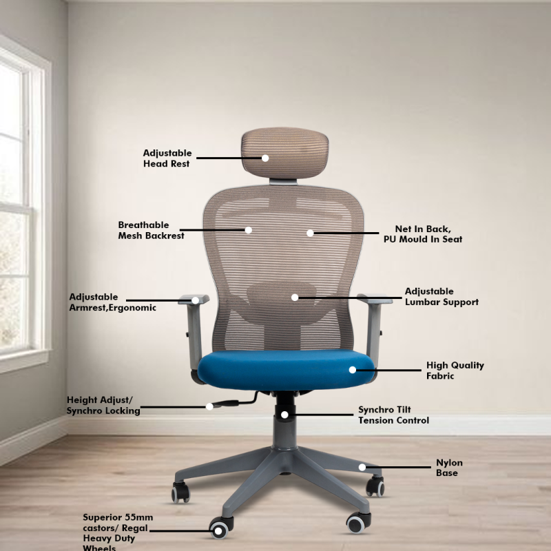 Dale Grey High Back Ergonomic Chair with Adjustable Neck & Arm Rest, Synchro Tilting Mechanism, Hydraulic Height Adjustment & Heavy Duty Wheels, Blue Seat - Image 3