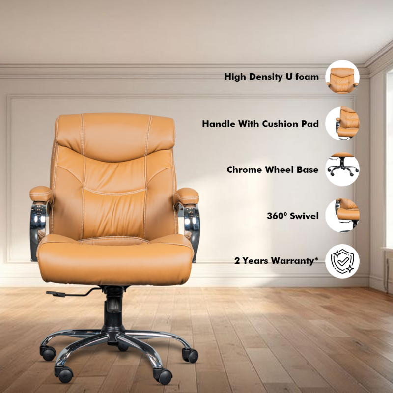 Planet Office Fabio Medium Back Boss Chair with Synchro Tilting Mechanism, Hydraulic Height Adjustment, Rexine Material & Heavy Duty Wheels, Tan Seat - Image 2