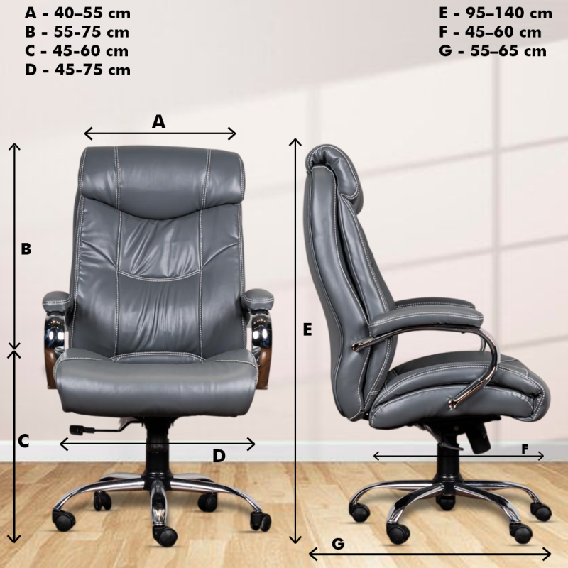 Planet Office Fabio High Back Boss Chair with Center Tilting Mechanism, Hydraulic Height Adjustment, Rexine Material & Heavy Duty Wheels, Grey Seat - Image 5