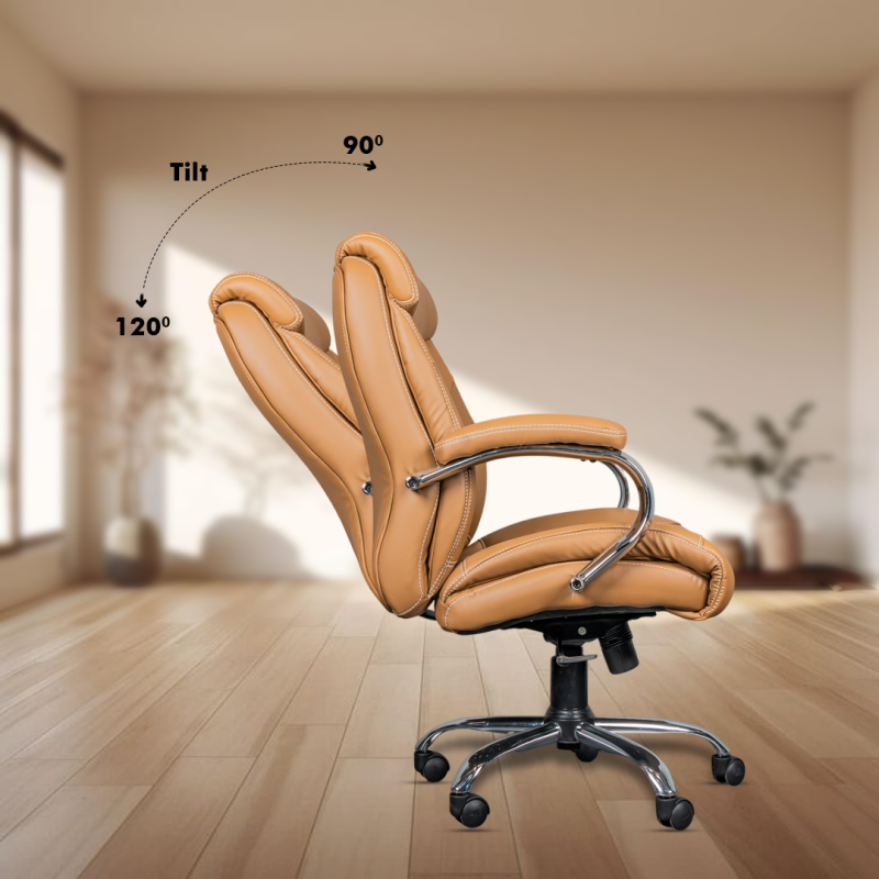 Planet Office Fabio Medium Back Boss Chair with Synchro Tilting Mechanism, Hydraulic Height Adjustment, Rexine Material & Heavy Duty Wheels, Tan Seat - Image 4