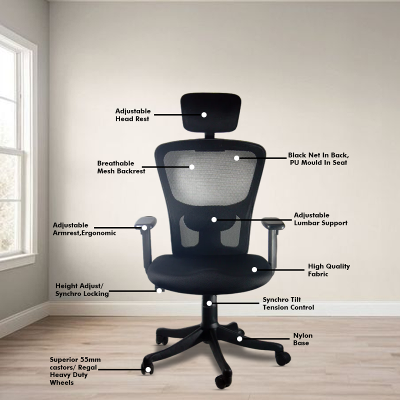 Planet Office Golf High Back Ergonomic Chair with Adjustable Neck & Arm Rest, Synchro Tilting Mechanism, Hydraulic Height Adjustment & Heavy Duty Wheels, Black Seat - Image 3