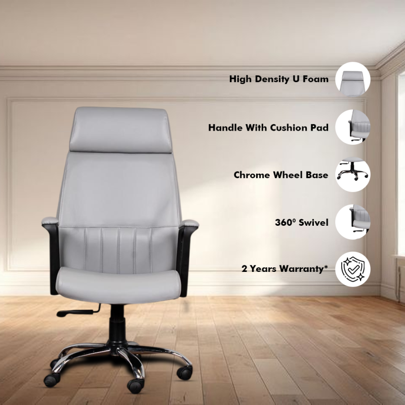 Planet Office Grace High Back Ergonomic Boss Chair with Synchro Tilting Mechanism, Hydraulic Height Adjustment, Rexine Material & Heavy Duty Wheels, Grey Seat - Image 2