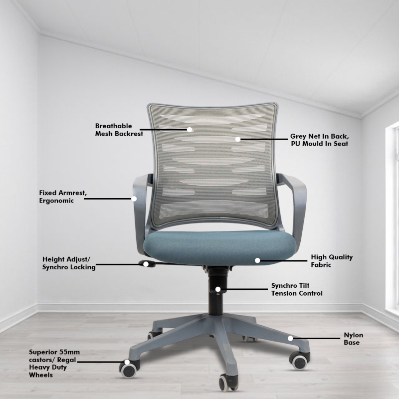 Planet Office Krabee Grey Workstation Chair with Center Tilting Mechanism, Hydraulic Height Adjustment, and Heavy Duty Wheels, Grey Seat - Image 3