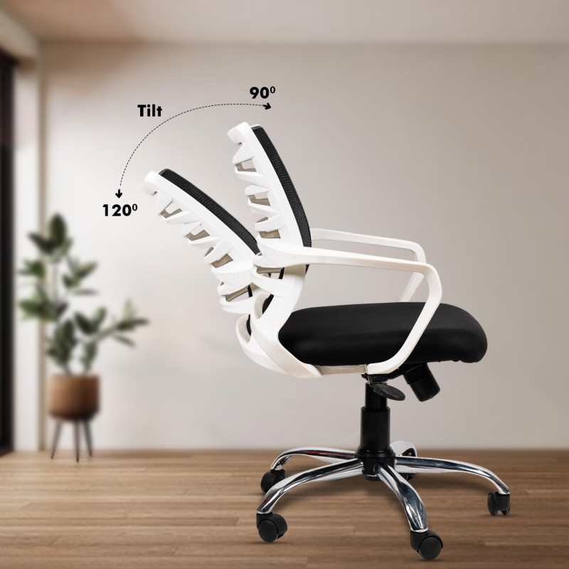 Krabee White Workstation Chair with Center Tilting Mechanism, Hydraulic Height Adjustment, and Heavy Duty Wheels, Black Seat - Image 4