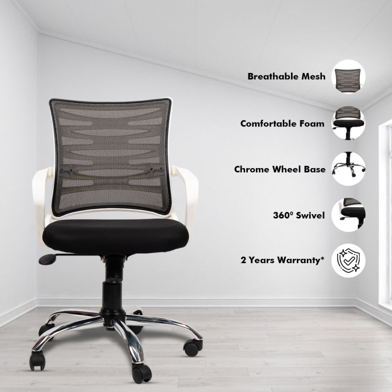 Krabee White Workstation Chair with Center Tilting Mechanism, Hydraulic Height Adjustment, and Heavy Duty Wheels, Black Seat - Image 2