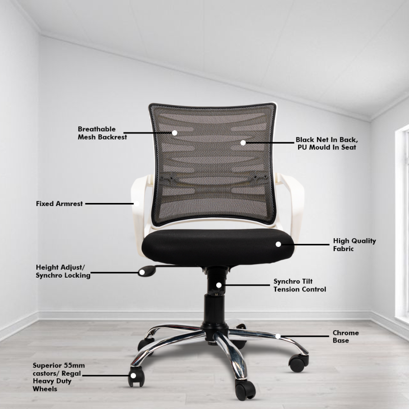 Krabee White Workstation Chair with Center Tilting Mechanism, Hydraulic Height Adjustment, and Heavy Duty Wheels, Black Seat - Image 3