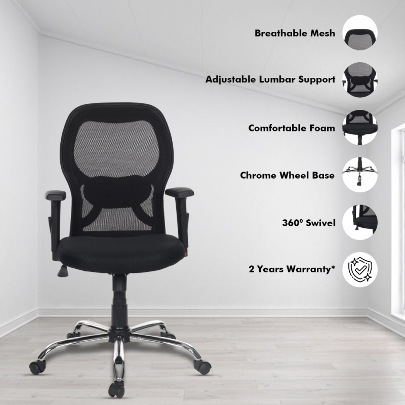 Planet Office Matrix Black Medium Back Ergonomic Chair with Adjustable Arm Rest, Synchro Tilting Mechanism, Hydraulic Height Adjustment & Heavy Duty Wheels, Black Seat - Image 2