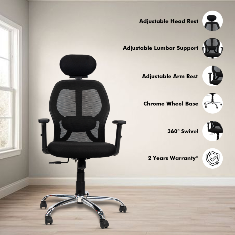 Planet Office Matrix Black High Back Ergonomic Chair with Adjustable Neck & Arm Rest, Synchro Tilting Mechanism, Hydraulic Height Adjustment & Heavy Duty Wheels, Black Seat - Image 2