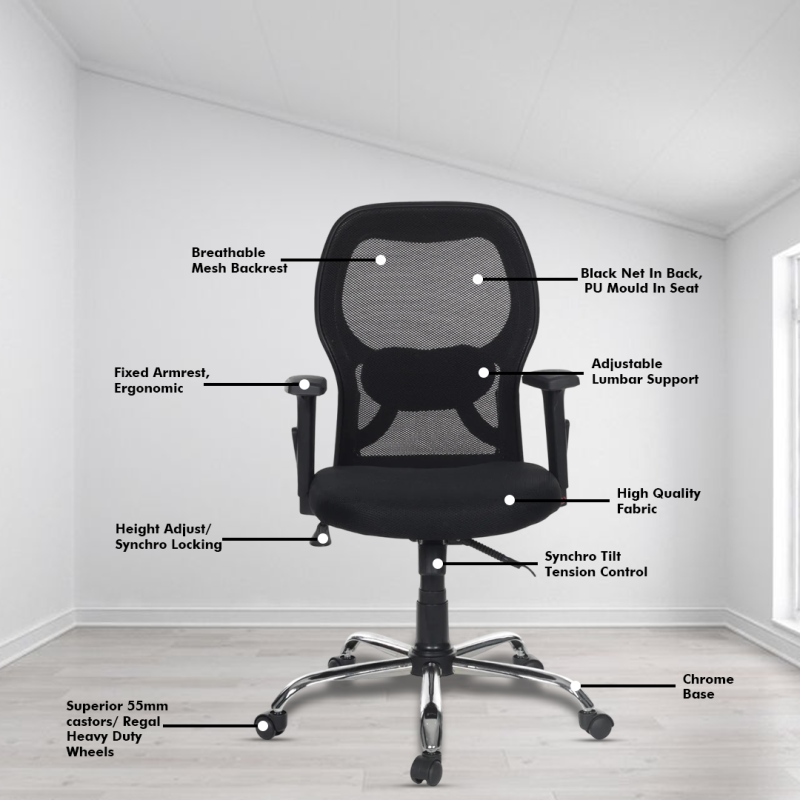 Planet Office Matrix Black Medium Back Ergonomic Chair with Adjustable Arm Rest, Synchro Tilting Mechanism, Hydraulic Height Adjustment & Heavy Duty Wheels, Black Seat - Image 3