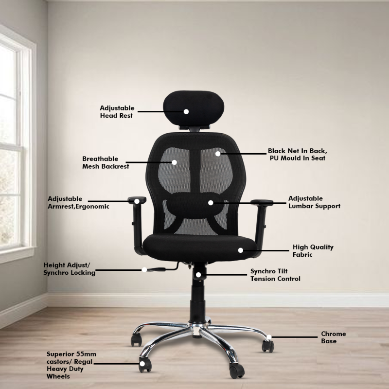 Planet Office Matrix Black High Back Ergonomic Chair with Adjustable Neck & Arm Rest, Synchro Tilting Mechanism, Hydraulic Height Adjustment & Heavy Duty Wheels, Black Seat - Image 3