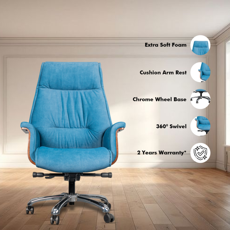 Planet Office Molto High Back Ergonomic Boss Chair with Synchro Tilting Mechanism, Hydraulic Height Adjustment, Rexine Material & Heavy Duty Wheels, Blue Seat - Image 2