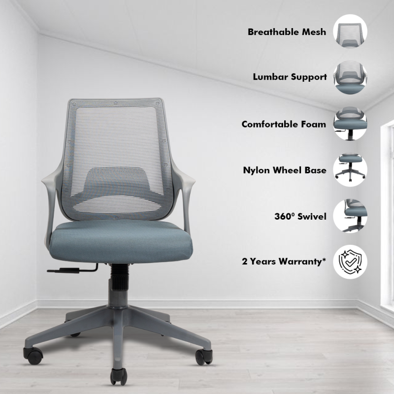 Planet Office Mono Grey Workstation Chair with Center Tilting Mechanism, Hydraulic Height Adjustment, and Heavy Duty Wheels, Grey Seat - Image 2