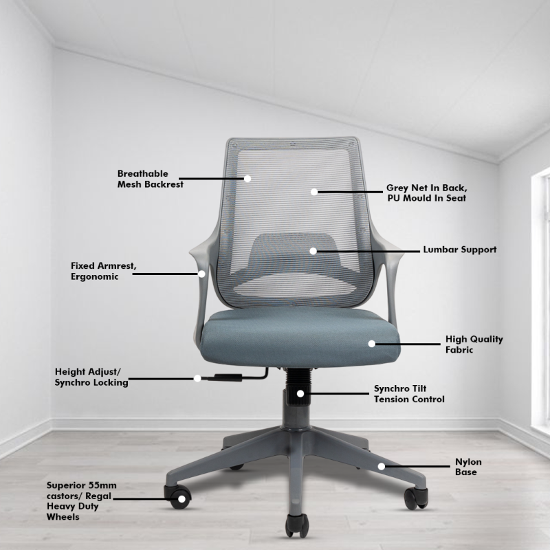 Planet Office Mono Grey Workstation Chair with Center Tilting Mechanism, Hydraulic Height Adjustment, and Heavy Duty Wheels, Grey Seat - Image 3