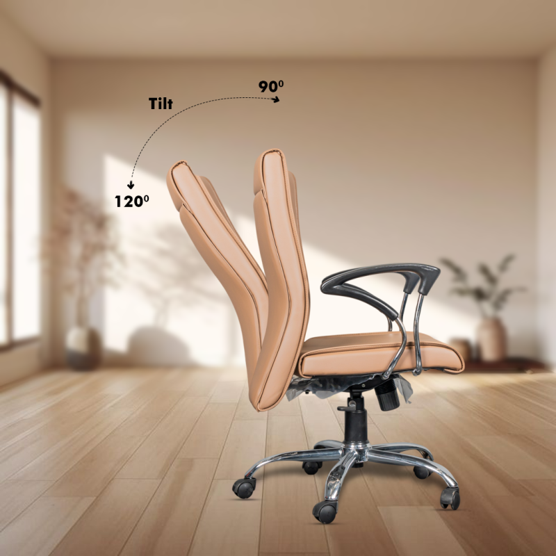 Planet Office Octiva Medium Back Ergonomic Boss Chair with Synchro Tilting Mechanism, Hydraulic Height Adjustment, Rexine Material & Heavy Duty Wheels, Tan Seat - Image 4