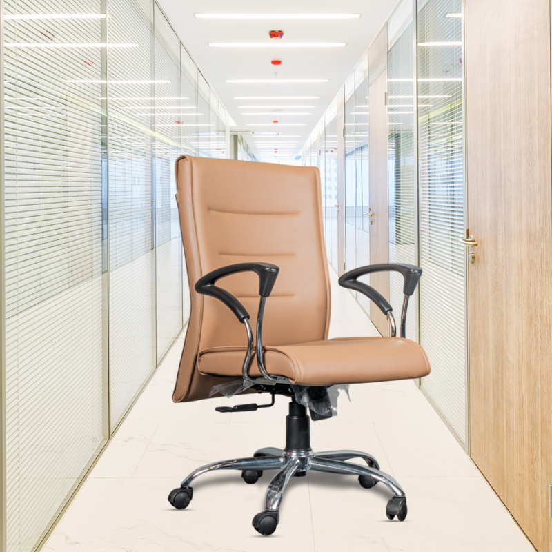 Planet Office Octiva Medium Back Ergonomic Boss Chair with Synchro Tilting Mechanism, Hydraulic Height Adjustment, Rexine Material & Heavy Duty Wheels, Tan Seat