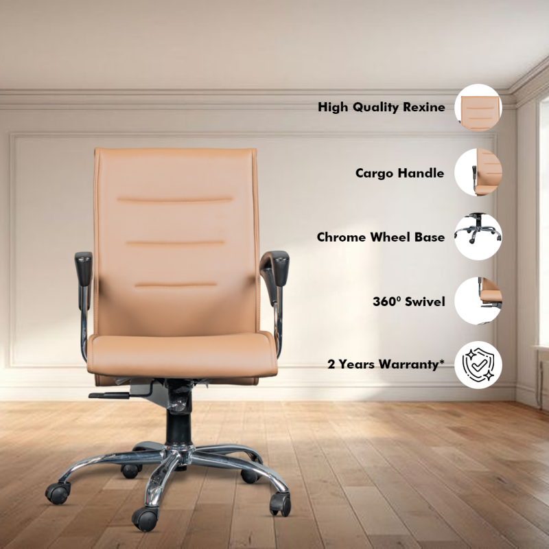 Planet Office Octiva Medium Back Ergonomic Boss Chair with Synchro Tilting Mechanism, Hydraulic Height Adjustment, Rexine Material & Heavy Duty Wheels, Tan Seat - Image 2