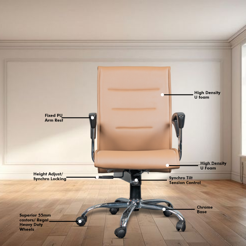 Planet Office Octiva Medium Back Ergonomic Boss Chair with Synchro Tilting Mechanism, Hydraulic Height Adjustment, Rexine Material & Heavy Duty Wheels, Tan Seat - Image 3