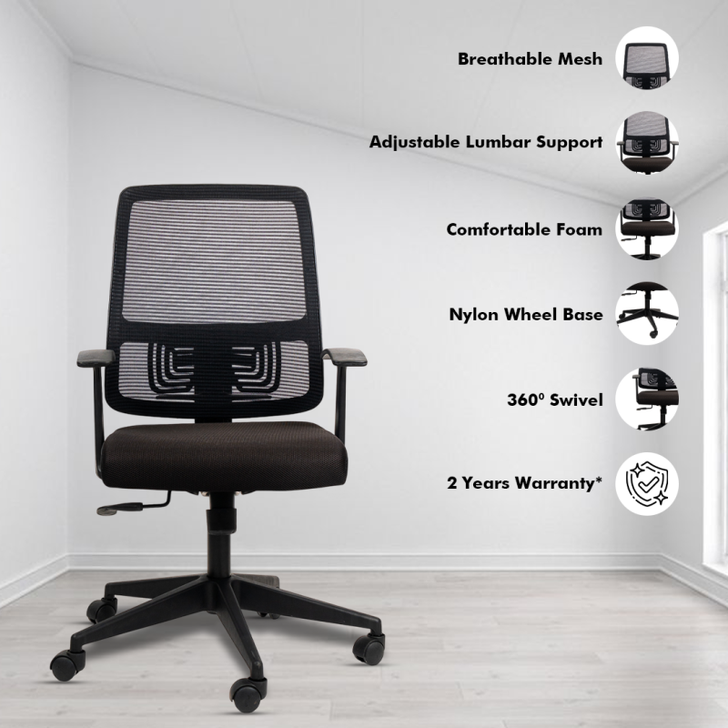 Polo Black Ergonomic Workstation Chair with Synchro Tilting Mechanism, Hydraulic Height Adjustment, and Heavy Duty Wheels, Black Seat - Image 2