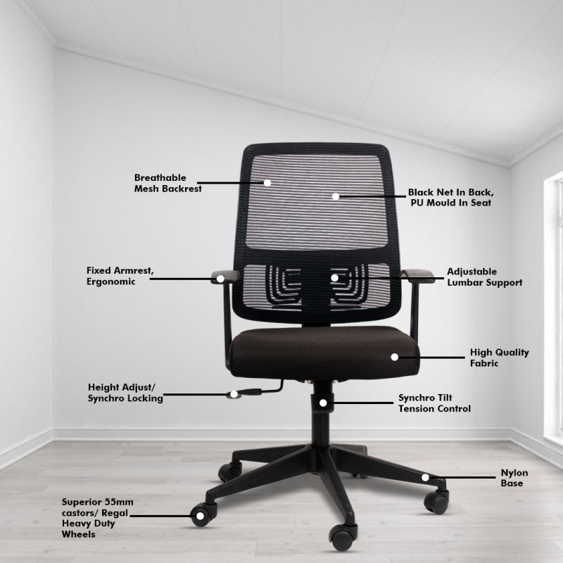 Polo Black Ergonomic Workstation Chair with Synchro Tilting Mechanism, Hydraulic Height Adjustment, and Heavy Duty Wheels, Black Seat - Image 3