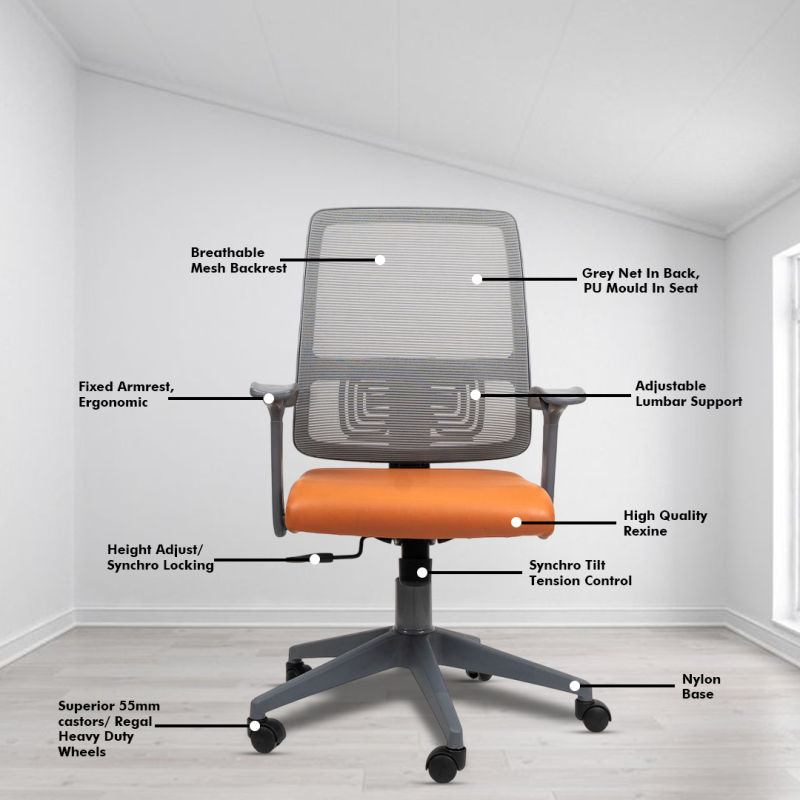 Planet Office Polo Grey Medium Back Ergonomic Workstation Chair with Tilting Mechanism, Hydraulic Height Adjustment, and Heavy Duty Wheels, Tan Seat - Image 3