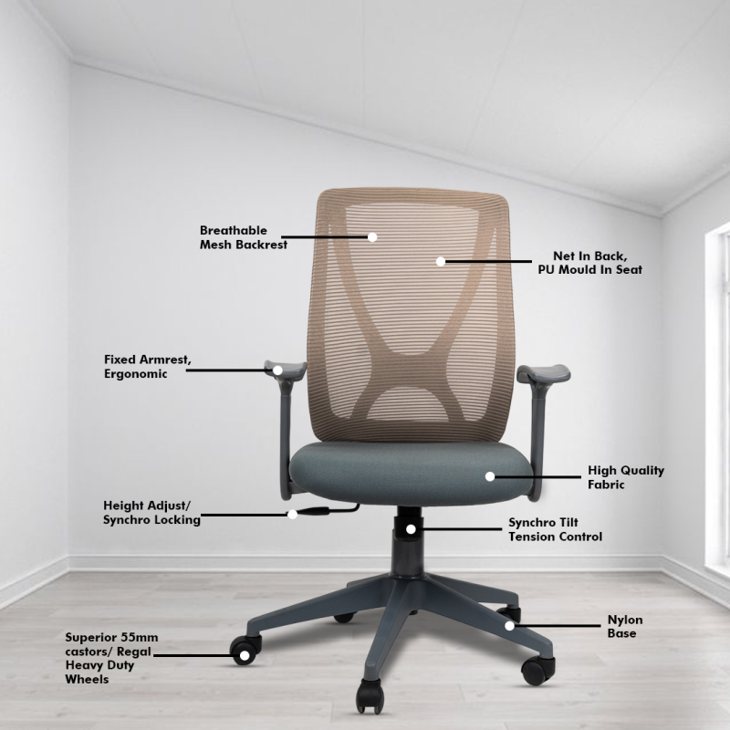 Planet Office X Mesh Grey Ergonomic Workstation Chair with Synchro Tilting Mechanism, Hydraulic Height Adjustment, and Heavy Duty Wheels, Grey Seat - Image 3