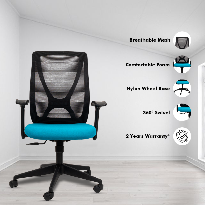 X Mesh Ergonomic Workstation Chair with Synchro Tilting Mechanism, Hydraulic Height Adjustment, and Heavy Duty Wheels, Blue Seat - Image 2