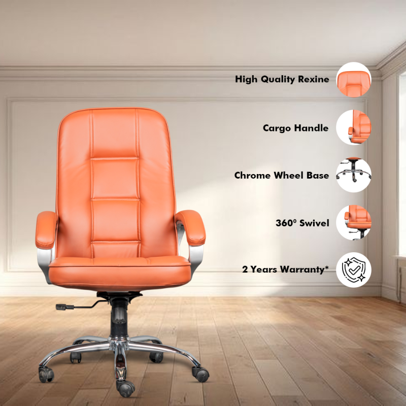 Zello High Back Boss Chair with Center Tilting Mechanism, Hydraulic Height Adjustment, Rexine Material & Heavy Duty Wheels, Tan Seat - Image 2