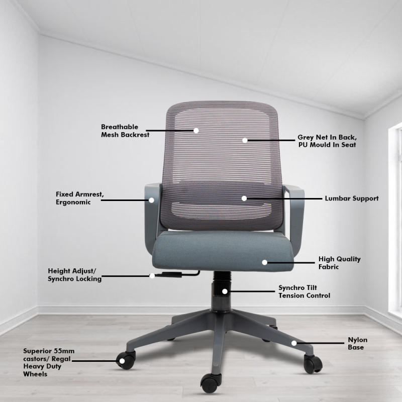 Colt Grey Medium Back Workstation Chair with Center Tilting Mechanism, Hydraulic Height Adjustment, and Heavy Duty Wheels, Gray Seat - Image 3