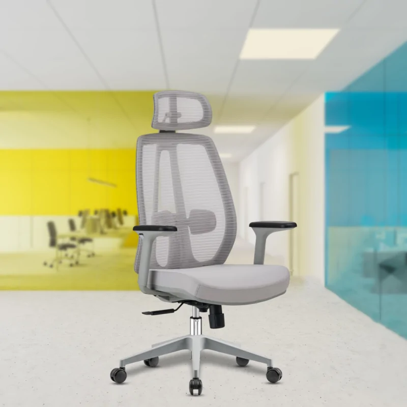 Alaster Grey High Back Luxury Chair with Adjustable Headrest, 2D Adjustable Armrests, Adjustable Lumbar Support, Synchro Tilt Mechanism, Hydraulic Height Adjustment, and Glass-Filled Nylon Base with Heavy Duty Castors.