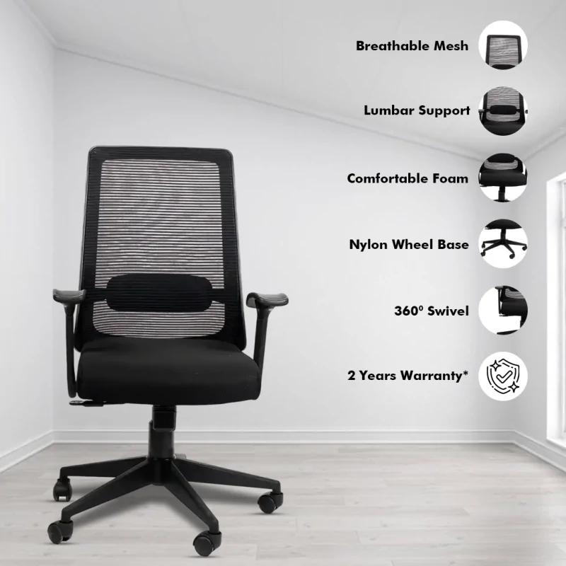 Ample Ergonomic Workstation Chair with Synchro Tilting Mechanism, Hydraulic Height Adjustment, and Heavy Duty Wheels, Black Seat - Image 2