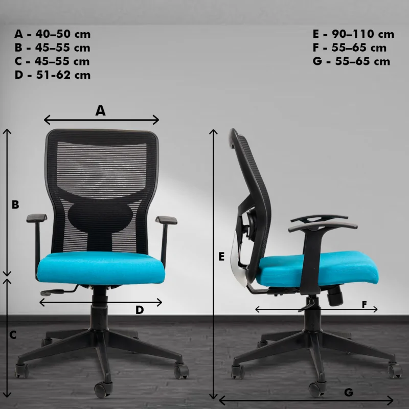 Aura Medium Back Ergonomic Workstation Chair with Synchro Tilting Mechanism, Hydraulic Height Adjustment, and Heavy Duty Wheels, Blue Seat - Image 5