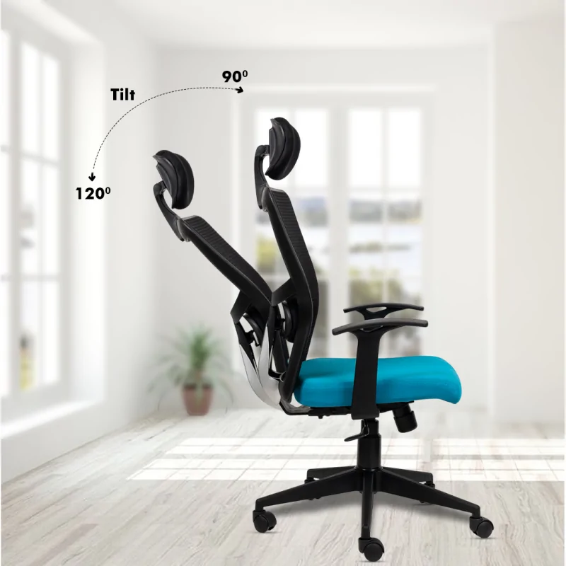 Aura High Back Ergonomic Chair with Adjustable Neck Rest, Synchro Tilting Mechanism, Hydraulic Height Adjustment & Heavy Duty Wheels, Blue Seat - Image 4