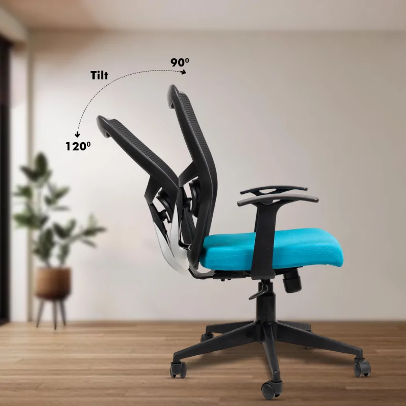 Aura Medium Back Ergonomic Workstation Chair with Synchro Tilting Mechanism, Hydraulic Height Adjustment, and Heavy Duty Wheels, Blue Seat - Image 4