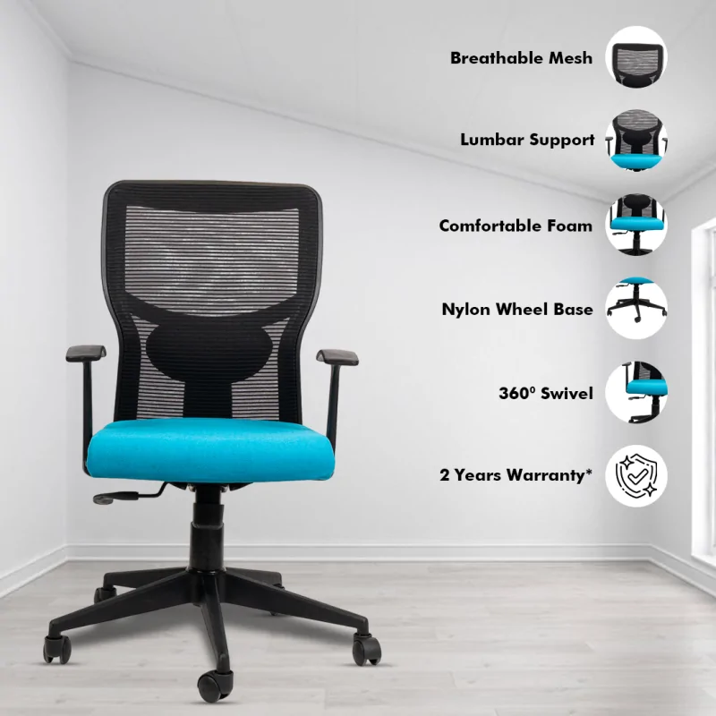 Aura Medium Back Ergonomic Workstation Chair with Synchro Tilting Mechanism, Hydraulic Height Adjustment, and Heavy Duty Wheels, Blue Seat - Image 2