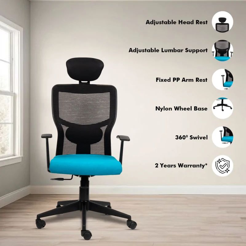 Aura High Back Ergonomic Chair with Adjustable Neck Rest, Synchro Tilting Mechanism, Hydraulic Height Adjustment & Heavy Duty Wheels, Blue Seat - Image 2