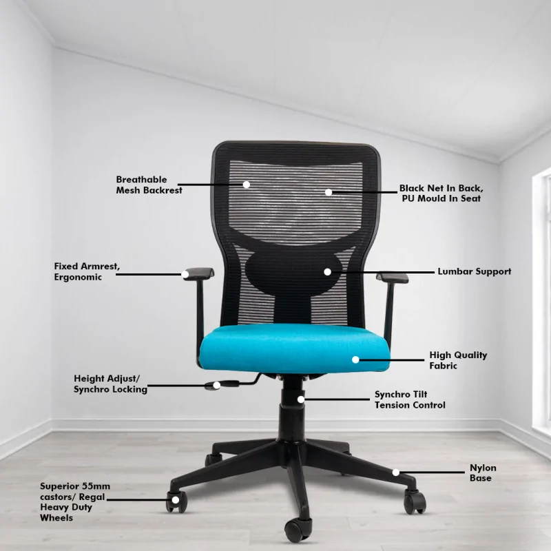 Aura Medium Back Ergonomic Workstation Chair with Synchro Tilting Mechanism, Hydraulic Height Adjustment, and Heavy Duty Wheels, Blue Seat - Image 3