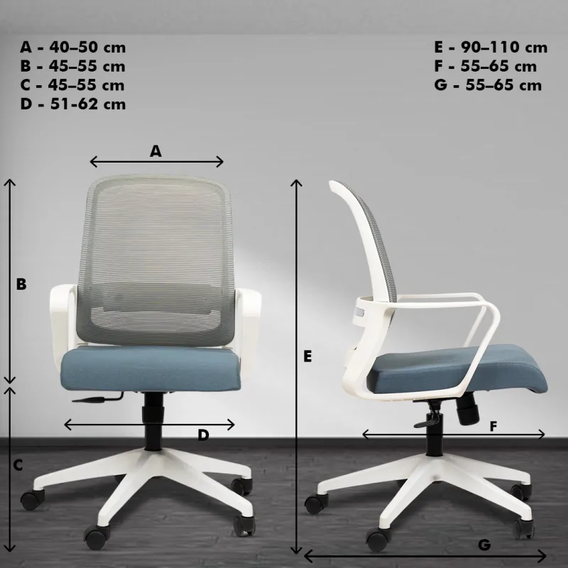 Colt White Workstation Chair with Center Tilting Mechanism, Hydraulic Height Adjustment, and Heavy Duty Wheels, Blue Seat - Image 5