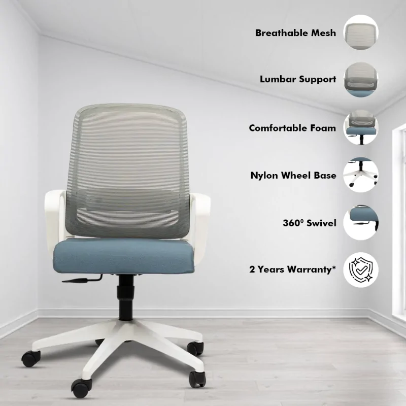 Colt White Workstation Chair with Center Tilting Mechanism, Hydraulic Height Adjustment, and Heavy Duty Wheels, Blue Seat - Image 2