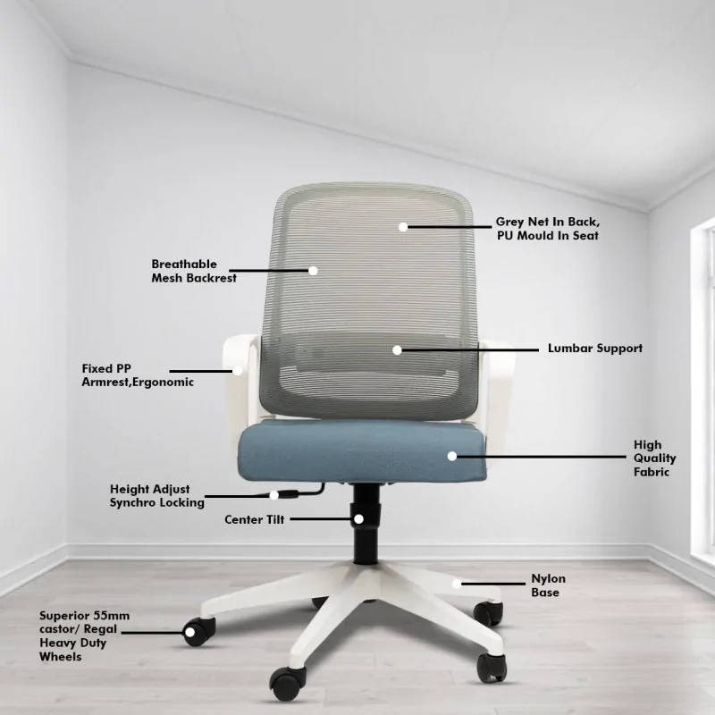 Colt White Workstation Chair with Center Tilting Mechanism, Hydraulic Height Adjustment, and Heavy Duty Wheels, Blue Seat - Image 3