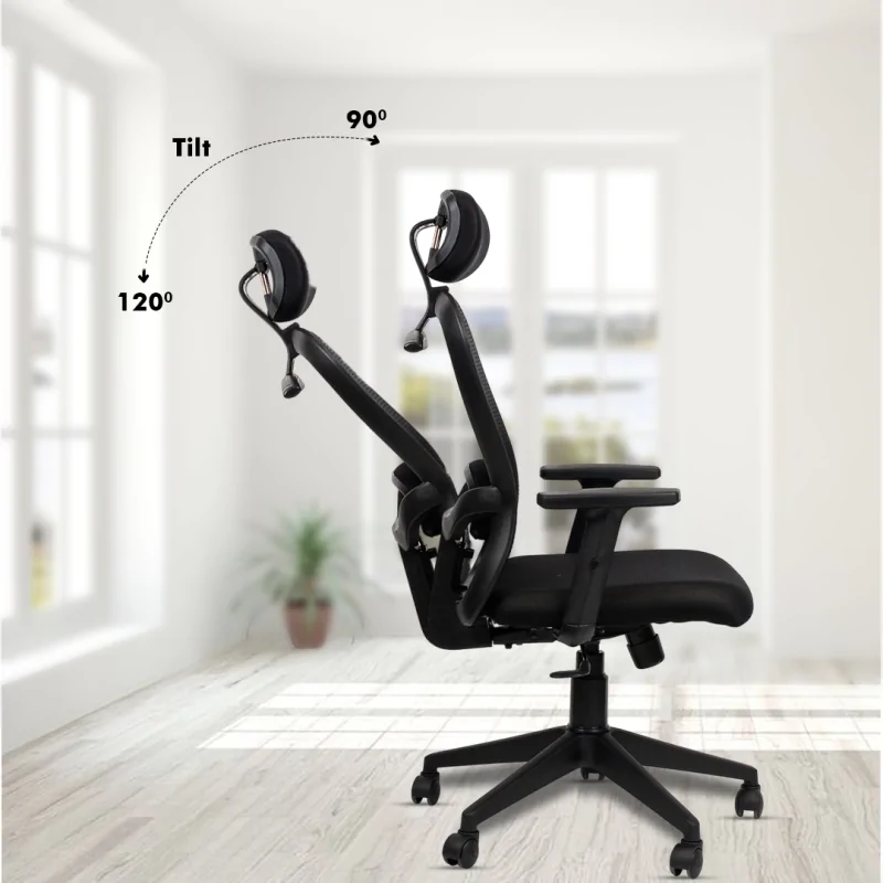 Dale High Back Ergonomic Chair with Adjustable Neck & Arm Rest, Synchro Tilting Mechanism, Hydraulic Height Adjustment & Heavy Duty Wheels, Black Seat - Image 4