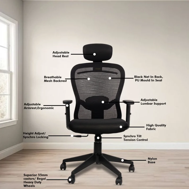 Dale High Back Ergonomic Chair with Adjustable Neck & Arm Rest, Synchro Tilting Mechanism, Hydraulic Height Adjustment & Heavy Duty Wheels, Black Seat - Image 3