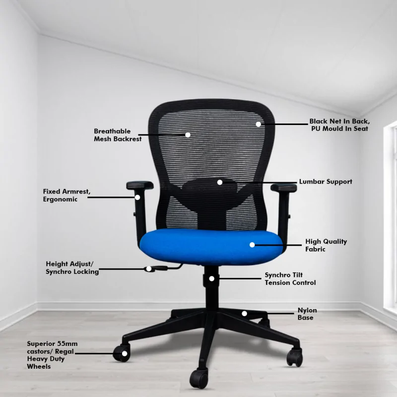 Dale Ergonomic Workstation Chair with Synchro Tilting Mechanism, Hydraulic Height Adjustment, and Heavy Duty Wheels, Blue Seat - Image 3