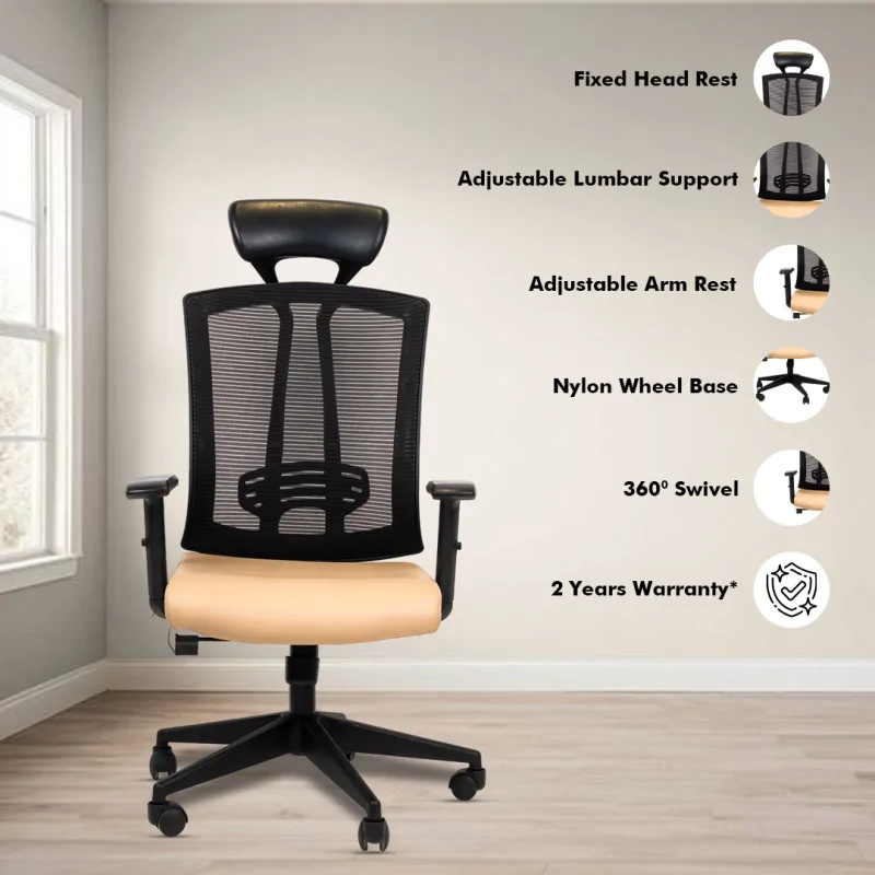 Datsun High Back Ergonomic Chair with Adjustable Arm Rest, Synchro Tilting Mechanism, Hydraulic Height Adjustment & Heavy Duty Wheels, Tan Seat - Image 2