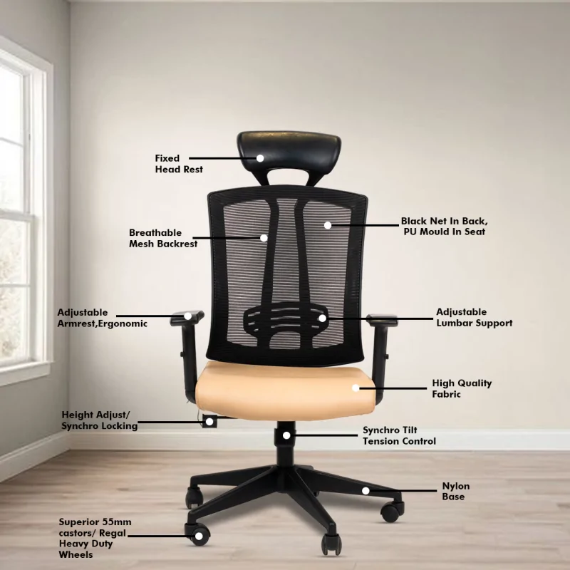 Datsun High Back Ergonomic Chair with Adjustable Arm Rest, Synchro Tilting Mechanism, Hydraulic Height Adjustment & Heavy Duty Wheels, Tan Seat - Image 3