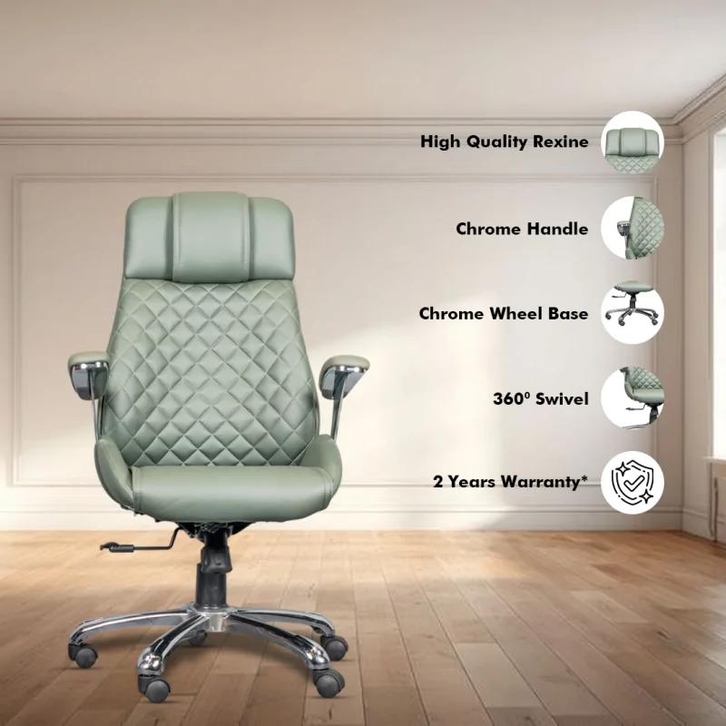 Elegant High Back Ergonomic Boss Chair with Synchro Tilting Mechanism, Hydraulic Height Adjustment, Rexine Material & Heavy Duty Wheels, Green Seat - Image 2