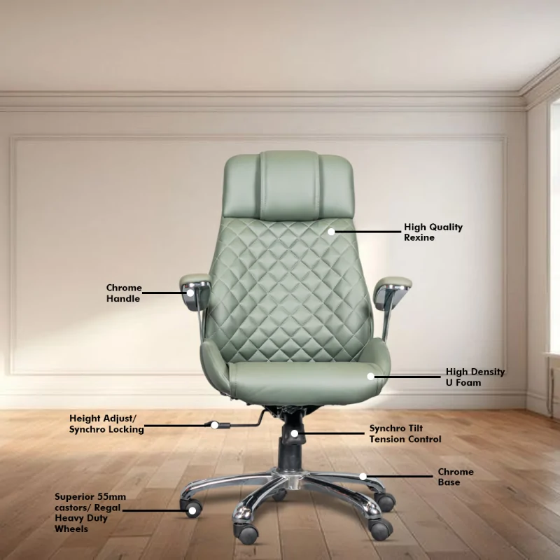 Elegant High Back Ergonomic Boss Chair with Synchro Tilting Mechanism, Hydraulic Height Adjustment, Rexine Material & Heavy Duty Wheels, Green Seat - Image 3