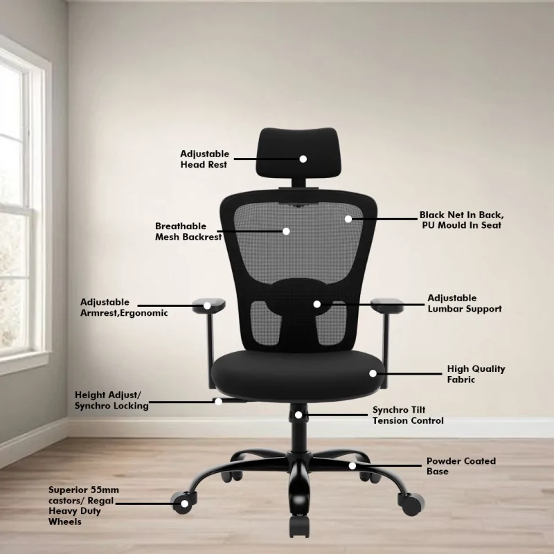 Golf High Back Ergonomic Chair with Adjustable Neck & Arm Rest, Synchro Tilting Mechanism, Hydraulic Height Adjustment & Heavy Duty Wheels, Black Seat - Image 3